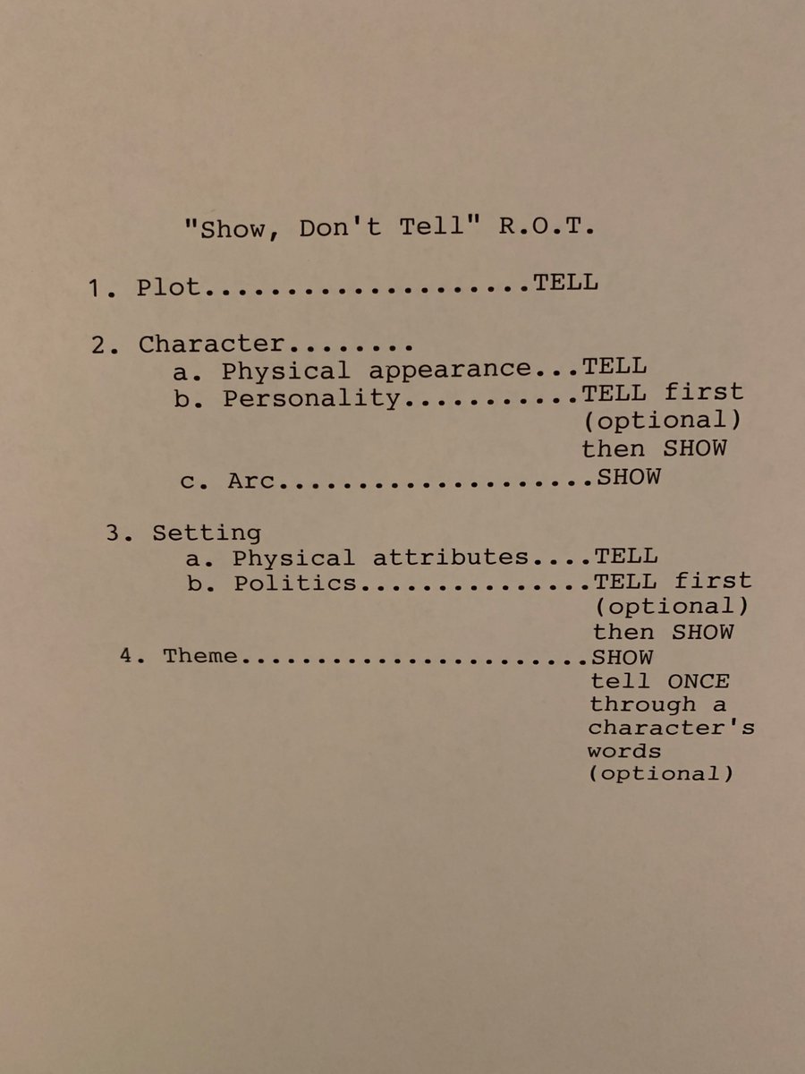 ElizabethE26261's tweet image. I'm glad other people hate "show, don't tell." 🤪 A few years ago, I made rules of thumb for self in re that. Some of it's obvious, don't know if I agree with it all hundred-percent now. "You have become the thing you swore to destroy" is telling the arc. What do yall think?
