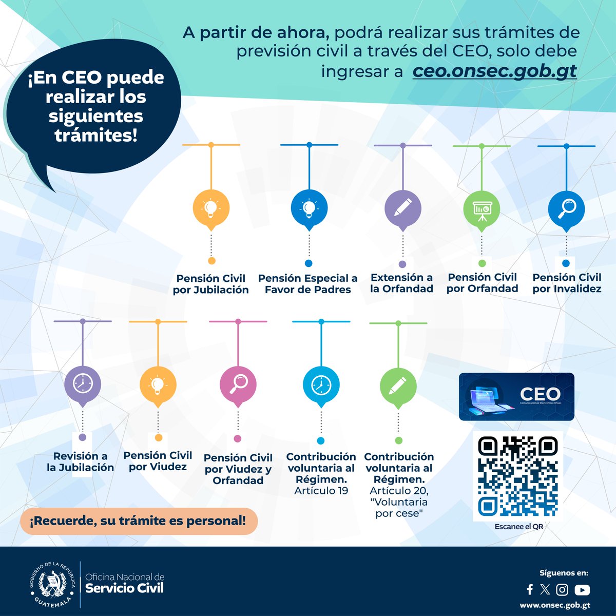 ONSEC (@onsecguate) on Twitter photo ¡Los 10 trámites de previsión civil los puede hacer en línea!
Hágalo por medio del CEO creando usuario aquí: ceo.onsec.gob.gt
La ONSEC cumple con el Decreto No. 5-2021 Ley para la Simplificación de Requisitos y Trámites Administrativos. ¡Los 10 trámites de previsión civil los puede hacer en línea!
Hágalo por medio del CEO creando usuario aquí: ceo.onsec.gob.gt
La ONSEC cumple con el Decreto No. 5-2021 Ley para la Simplificación de Requisitos y Trámites Administrativos.