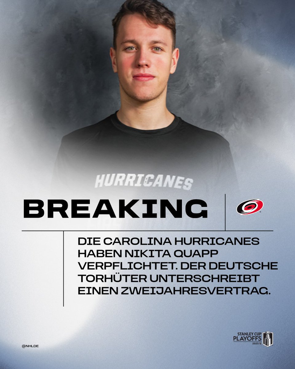 NHLde's tweet photo. Ein weiterer deutscher Torwart in Übersee? Die Carolina Hurricanes haben Nikita Quapp (bisher Düsseldorfer EG) unter Vertrag genommen! ✍️
#LetsGoCanes | @canes | #Quapp https://t.co/ufE9wjPz8t