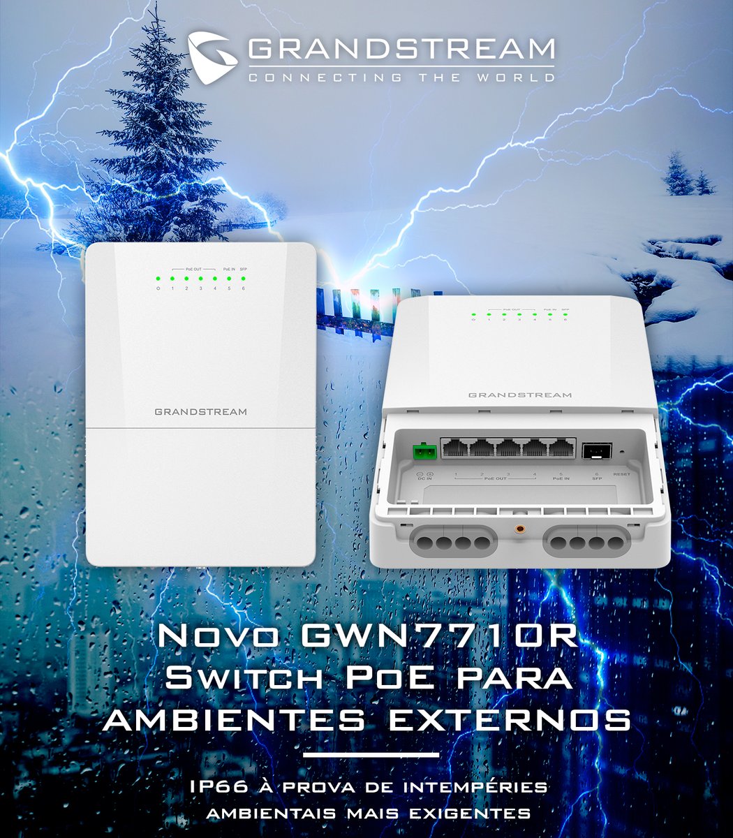 O GWN7710R é um switch PoE gerenciável leve para ambientes externos com 6 portas (5GE+1SFP) que possui um invólucro à prova d'água e poeira com classificação IP66 para proteção contra condições climáticas adversas, incluindo chuva, neve e altas temperaturas.