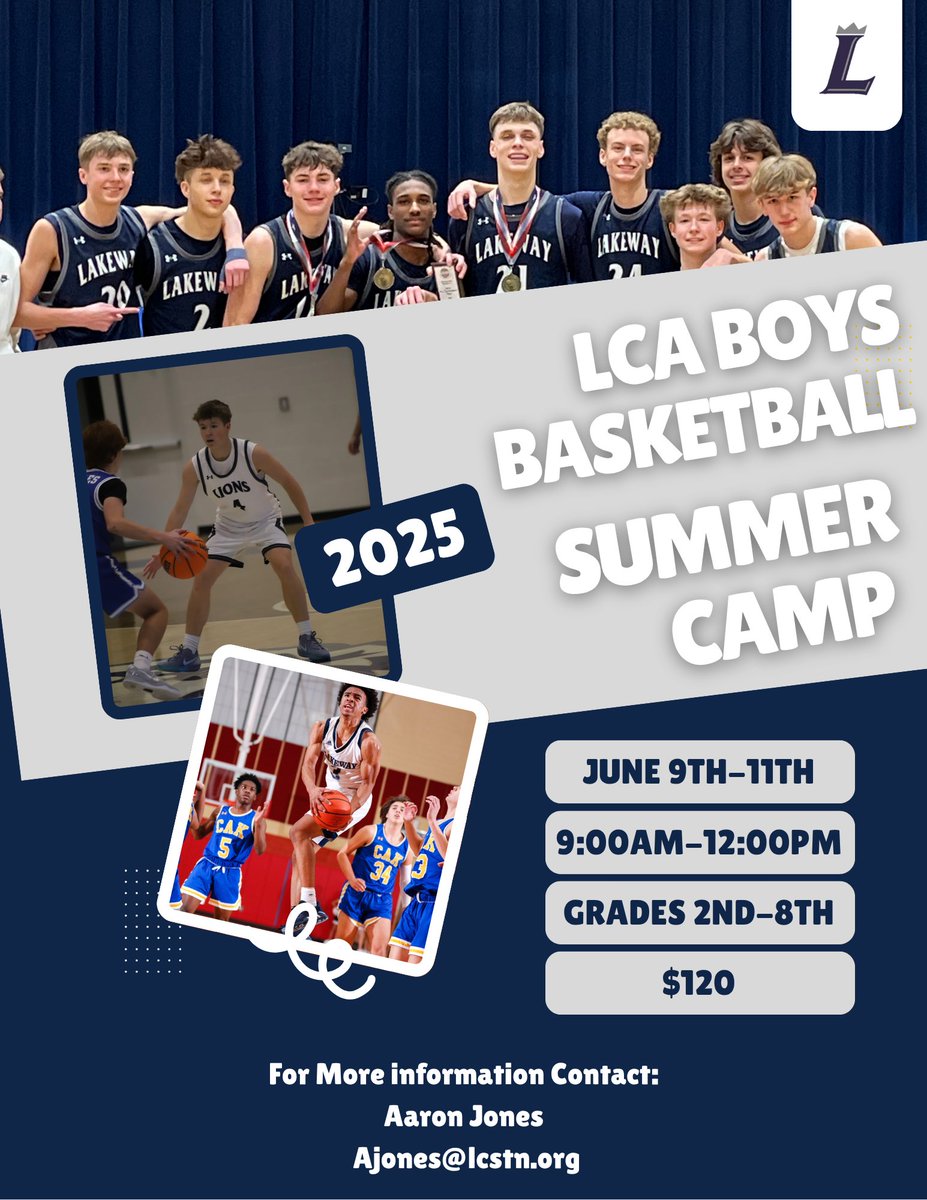LCA Boys Basketball Summer Camp
- June 9th-11th
- 9:00am-12:00pm (8:30am Drop-Off)
- Boys Entering Grades 2nd-8th
- $120 
- Registration Link: form.jotform.com/251458247073055