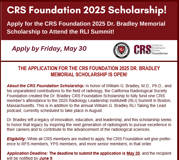 Join Y. Luh, MD (he/him/dude/他) (@j_luh) on Twitter photo Attention California #radiology and #radonc residents and early career physicians--Apply for the <a href="/CalRadSociety/">CalRad Society</a> Foundation 2025 Dr. Bradley Memorial Scholarship to attend the <a href="/RadiologyACR/">American College of Radiology</a> #RLISummit
Deadline May 30
radiologyleaders.wufoo.com/forms/qog2wh71… Attention California #radiology and #radonc residents and early career physicians--Apply for the <a href="/CalRadSociety/">CalRad Society</a> Foundation 2025 Dr. Bradley Memorial Scholarship to attend the <a href="/RadiologyACR/">American College of Radiology</a> #RLISummit
Deadline May 30
radiologyleaders.wufoo.com/forms/qog2wh71…