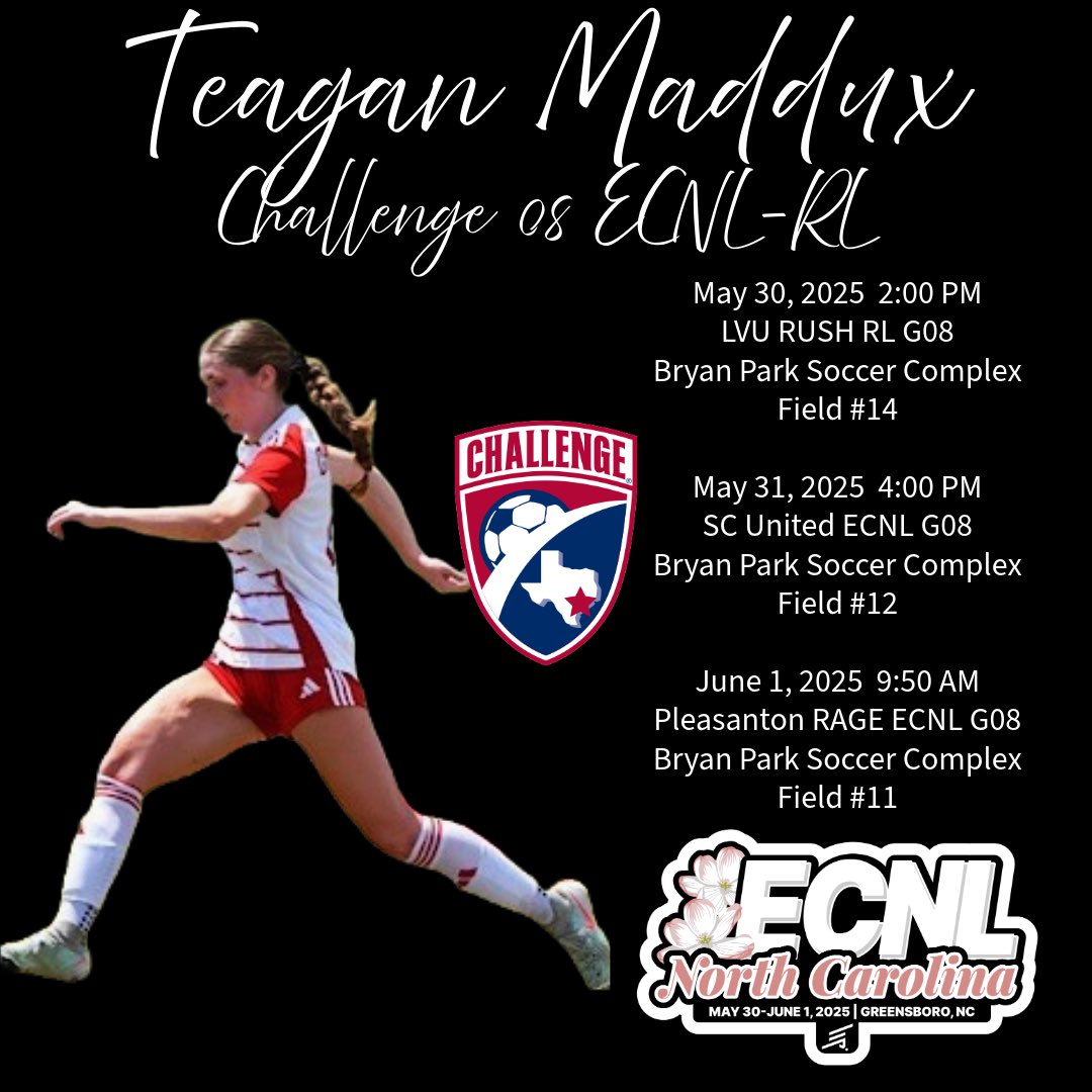 Teagan “Teags” Maddux (@teaganmaddux13) on Twitter photo Ready to show what we can do this weekend in North Carolina.
#ECNLNC
<a href="/soccerpatriots/">UT Tyler Patriots W Soccer</a>
<a href="/ImYouthSoccer/">ECNL/GA/Recruiting/College Soccer</a>
<a href="/Challenge08RL/">Challenge 07/08 ECNL-RL (U18)</a> <a href="/ChallengeSoccer/">Challenge Soccer Club</a>
<a href="/EcnlTexas/">ECNL Girls Texas Conference</a>
<a href="/ECNLgirls/">ECNL Girls</a> Ready to show what we can do this weekend in North Carolina.
#ECNLNC
<a href="/soccerpatriots/">UT Tyler Patriots W Soccer</a>
<a href="/ImYouthSoccer/">ECNL/GA/Recruiting/College Soccer</a>
<a href="/Challenge08RL/">Challenge 07/08 ECNL-RL (U18)</a> <a href="/ChallengeSoccer/">Challenge Soccer Club</a>
<a href="/EcnlTexas/">ECNL Girls Texas Conference</a>
<a href="/ECNLgirls/">ECNL Girls</a>