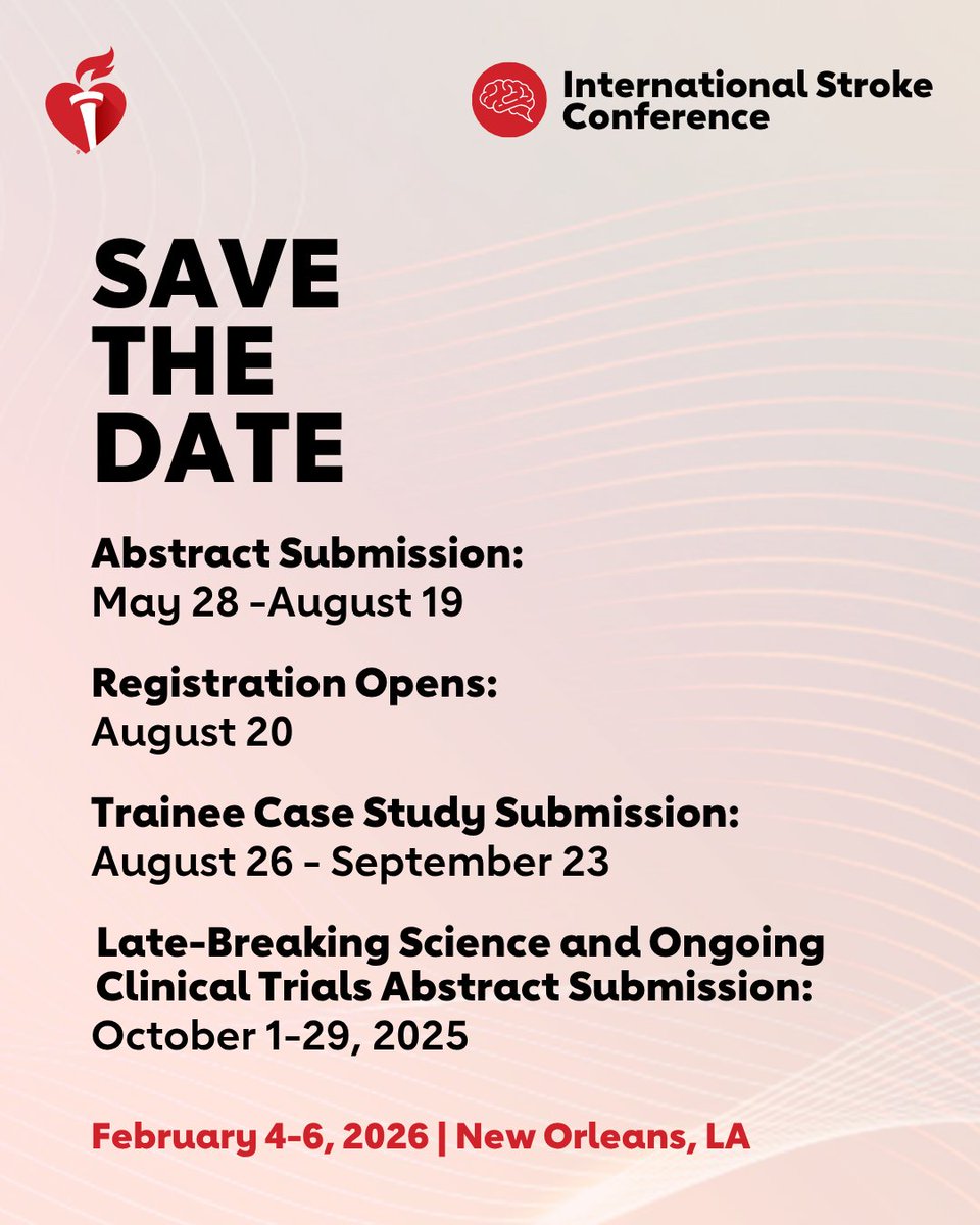 AHA Science (@ahascience) on Twitter photo Mark your calendar for #ISC26 ⬇️
Don’t miss this chance to share your science and network with global experts at the world’s premier meeting dedicated to the science and treatment of cerebrovascular disease and brain health.
ISC chairs: <a href="/LaurenHSansing/">LaurenHSansing</a> <a href="/bijoymenon/">Bijoy K Menon</a> Mark your calendar for #ISC26 ⬇️
Don’t miss this chance to share your science and network with global experts at the world’s premier meeting dedicated to the science and treatment of cerebrovascular disease and brain health.
ISC chairs: <a href="/LaurenHSansing/">LaurenHSansing</a> <a href="/bijoymenon/">Bijoy K Menon</a>