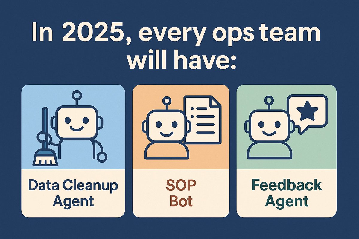 opportunities91's tweet photo. In 2025, every ops team will have: Data Cleanup Agent, SOP Bot, Feedback Agent… https://t.co/CEeot2rVN1