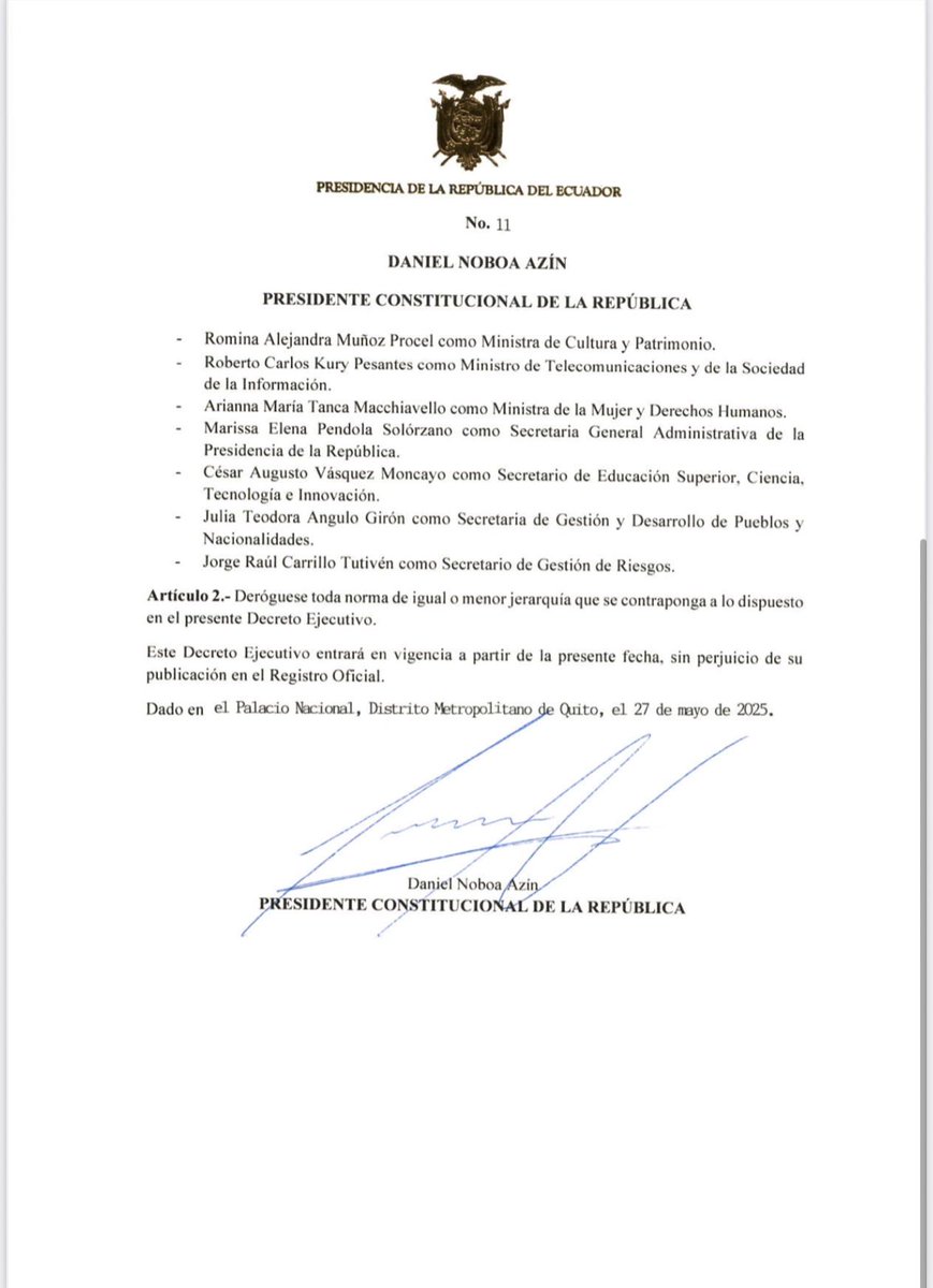 🇪🇨 Agradezco al presidente <a href="/DanielNoboaOk/">Daniel Noboa Azin</a> por confiar en mí para estar al frente de <a href="/Telecom_Ec/">Ministerio de Telecomunicaciones Ecuador 🇪🇨</a>, con el firme propósito de conectar al #Ecuador, reducir la brecha digital y llevar innovación a cada rincón del país. Juntos, impulsaremos acceso a tecnología de calidad, educación...