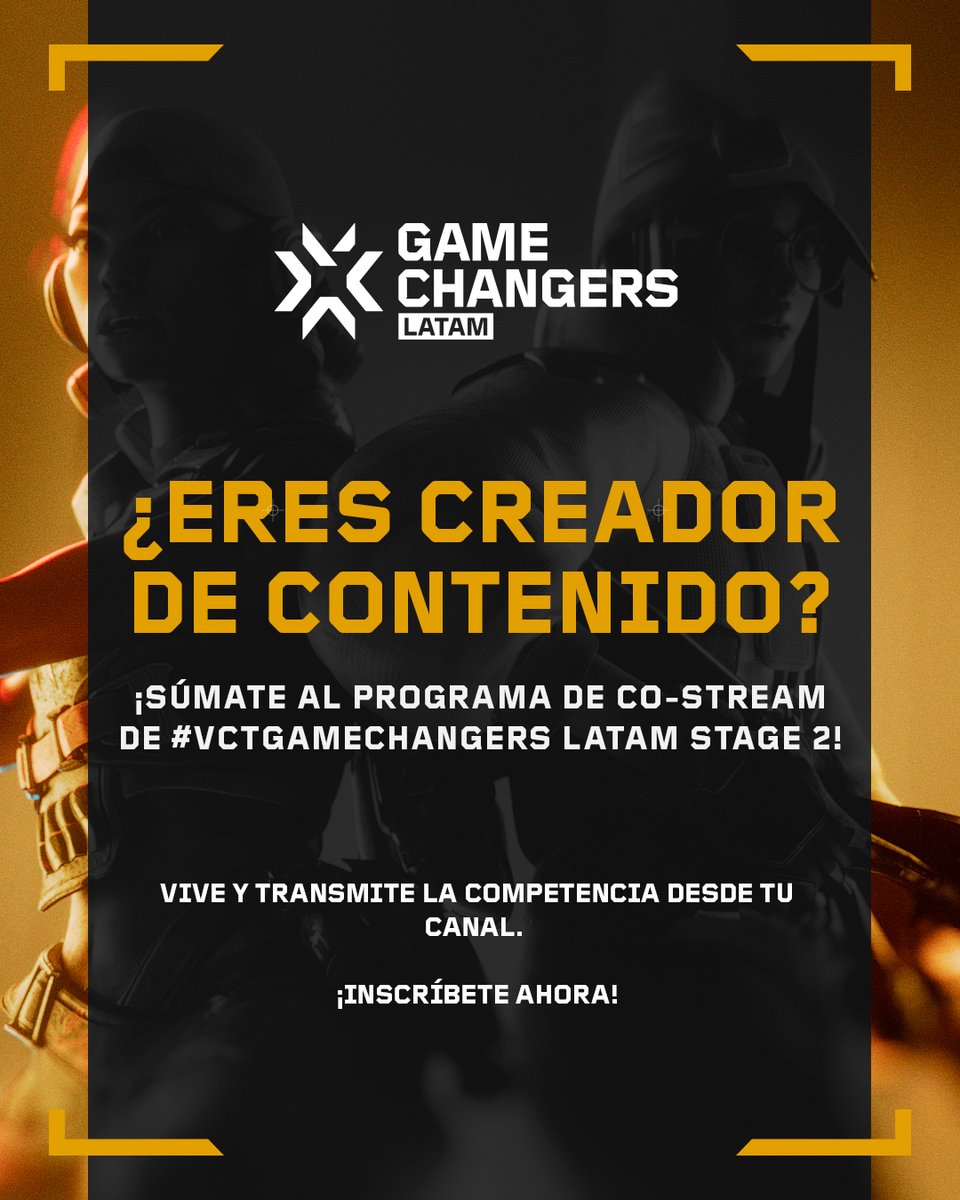 🎥 ¿Quieres ser parte del co-stream oficial del Stage 2 de #VCTGameChangers LATAM?

Si eres creador/a de contenido y fan del competitivo, esta es tu oportunidad de vivirlo junto a tu comunidad 💜

🔗 Llena el formulario y súmate al hype: link.lvp.global/co-stream