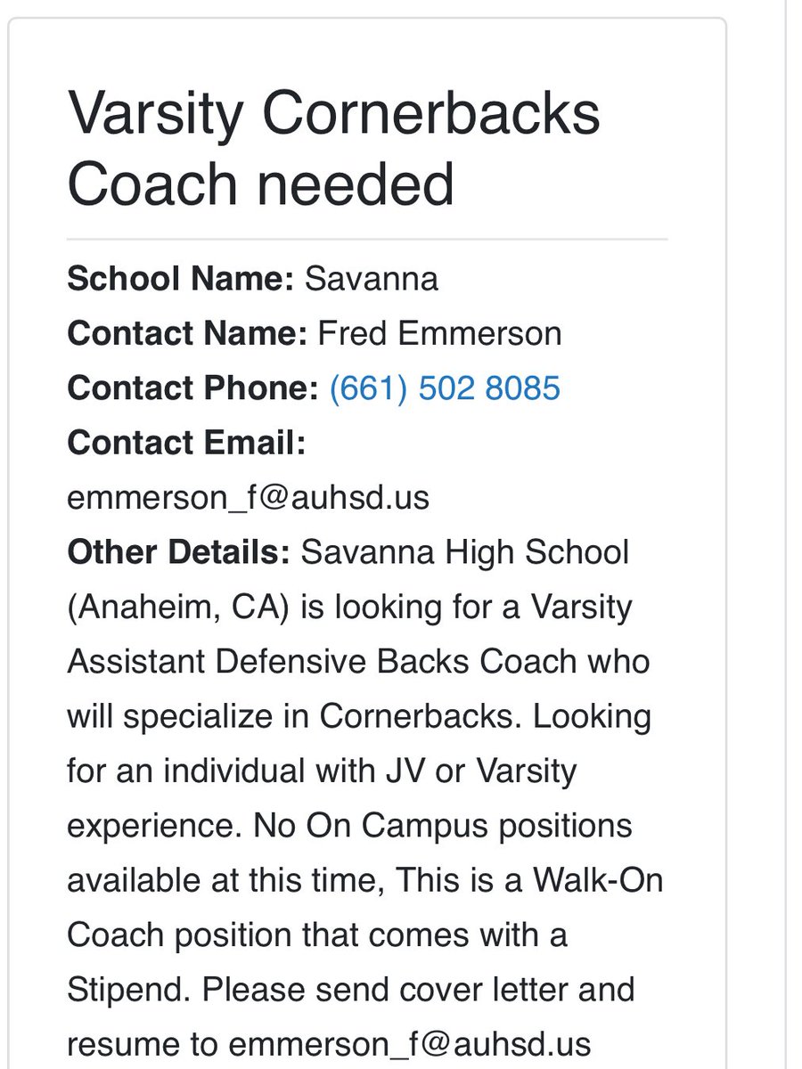 Savanna Rebels High School Football (@savannarebelsfb) on Twitter photo Savanna HS (Anaheim,CA) is looking for a Varsity Asst Defensive Line coach who will focus on Defensive Ends and a Varsity Cornerbacks Coach. Both are Walk On Stipend positions. send resumes to emmerson_f@auhsd.us Savanna HS (Anaheim,CA) is looking for a Varsity Asst Defensive Line coach who will focus on Defensive Ends and a Varsity Cornerbacks Coach. Both are Walk On Stipend positions. send resumes to emmerson_f@auhsd.us
