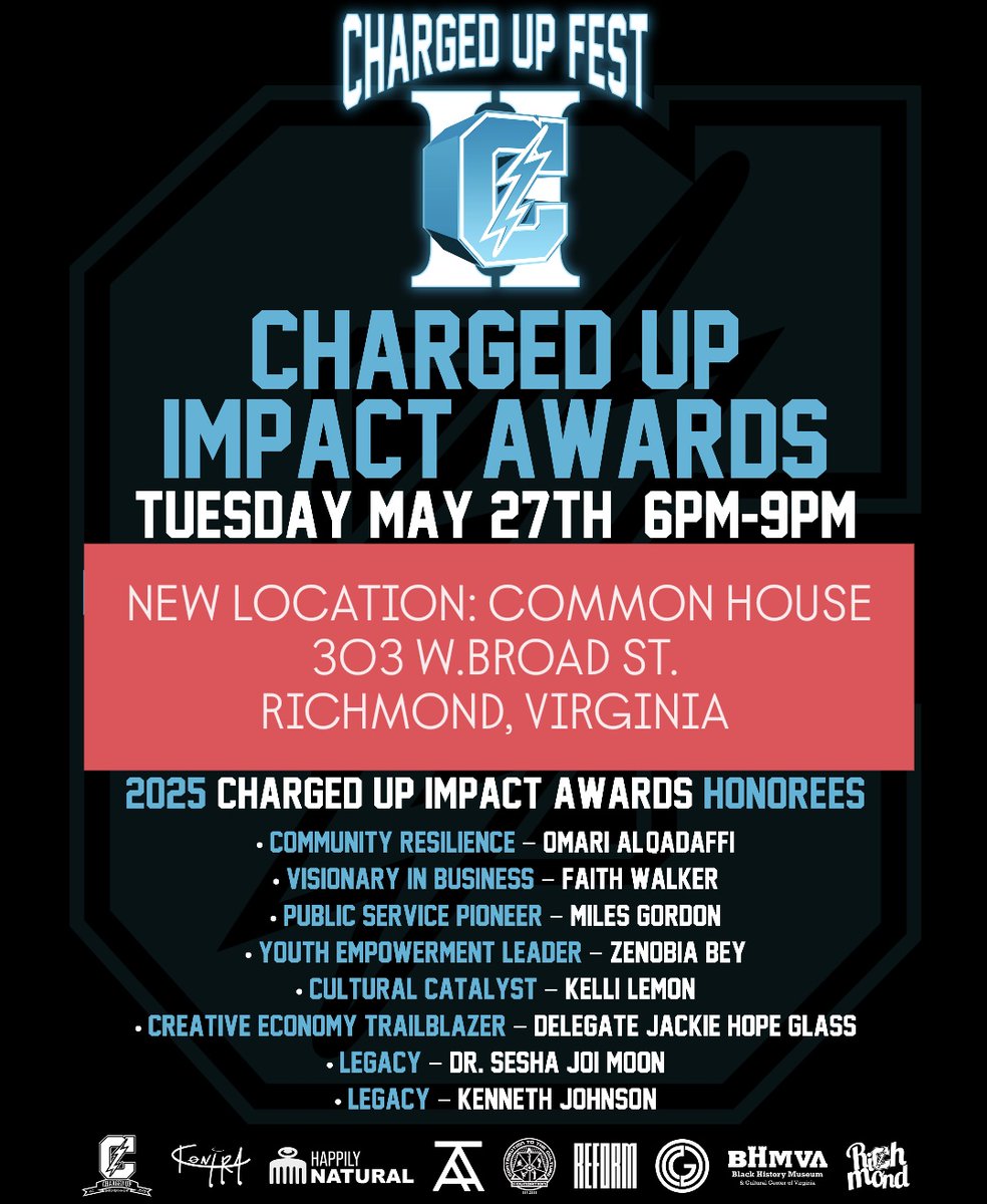 chrgdupent's tweet image. Charged Up Impact Awards – NEW LOCATION
Due to the Richmond Water Advisory, we’re moving the celebration to:

Common House
303 W Broad St.
RVA Arts District

Time: 6–9 PM