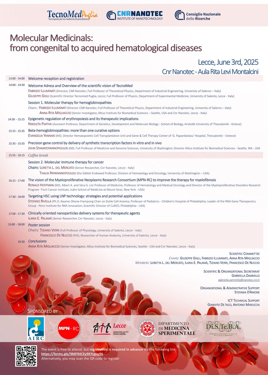 Cnr Nanotec (@cnrnanotec) on Twitter photo 📣 #InternationalWorkshop
“Molecular medicinalis: from congenital to acquired hematological diseases”
📍 LECCE, 3rd June, 2025
<a href="/CnrNanotec/">Cnr Nanotec</a>
<a href="/AIRC_it/">Fondazione AIRC per la ricerca sul cancro</a>
@MPN
<a href="/AIL_ets/">AIL - Ass. Italiana Leucemie linfomi e mieloma</a> sez.Lecce
<a href="/unisalento/">UniSalento</a> 📣 #InternationalWorkshop
“Molecular medicinalis: from congenital to acquired hematological diseases”
📍 LECCE, 3rd June, 2025
<a href="/CnrNanotec/">Cnr Nanotec</a>
<a href="/AIRC_it/">Fondazione AIRC per la ricerca sul cancro</a>
@MPN
<a href="/AIL_ets/">AIL - Ass. Italiana Leucemie linfomi e mieloma</a> sez.Lecce
<a href="/unisalento/">UniSalento</a>