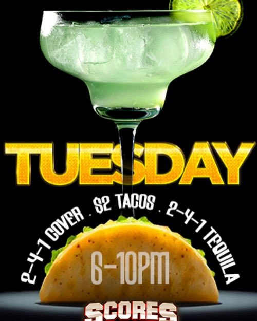 🌮 Tacos &amp; 🥃 Tequila every Tuesday at Scores!
— 2 for 1 Cover
— $2 Tacos 
— 2 for 1 Tequila
— the Hottest Entertainment in town 💃

Come hungry, stay late. 😉 
#TacoTuesday #Tampa #TequilaTime #TampaBay