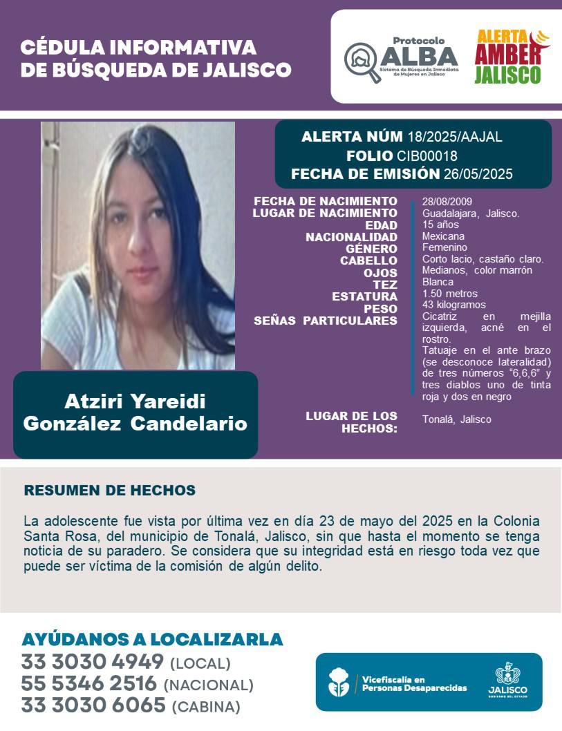 Se activa #AlertaAmber para la búsqueda y localización de Atziri Yareidi González Candelario de 15 años. Gracias por compartir la información.