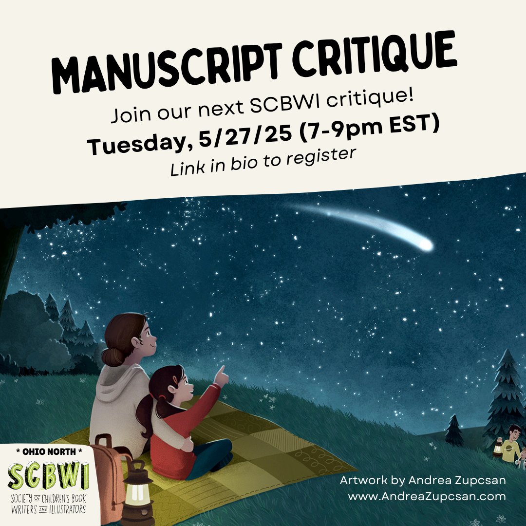 Join #SCBWI Ohio-North for our May Manuscript Critique Night tonight TUESDAY 5/27. Register: scbwi.org/events/may-man…

Bring a manuscript, offer feedback, or just listen! It’s good company with constructive input. #scbwi #kidlit This month’s art by AndreaZupcsan.com
