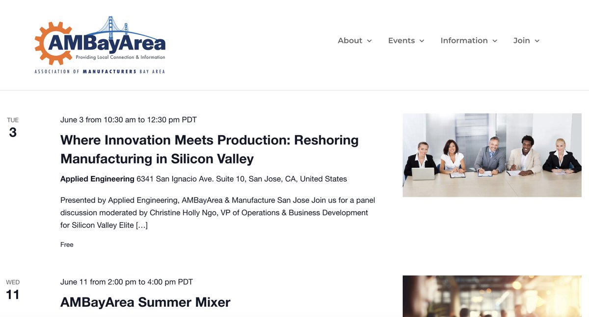 AMBayArea's tweet image. Last Chance to Register: June Events for Manufacturers!
⚙️ Where Innovation Meets Production: Reshoring MFG in Silicon Valley | Tuesday, June 3
☀️ AMBayArea Summer Mixer | Wednesday, June 11
ambayarea.org/events/list/
#BayArea #Manufacturing #LocalConnectionInformation