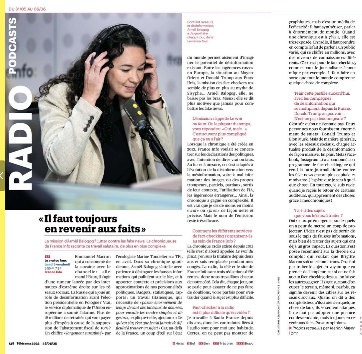 Un « travail de Sisyphe », un « travail titanesque », un « travail de plus en plus complexe » mais qui le rend encore plus nécessaire et précieux.
Focus sur le travail de fact-checkeuse dans cette interview-portrait d’<a href="/ArmelBalogog/">Armêl Balogog</a>, du Vrai ou Faux, dans Telerama du 28 mai