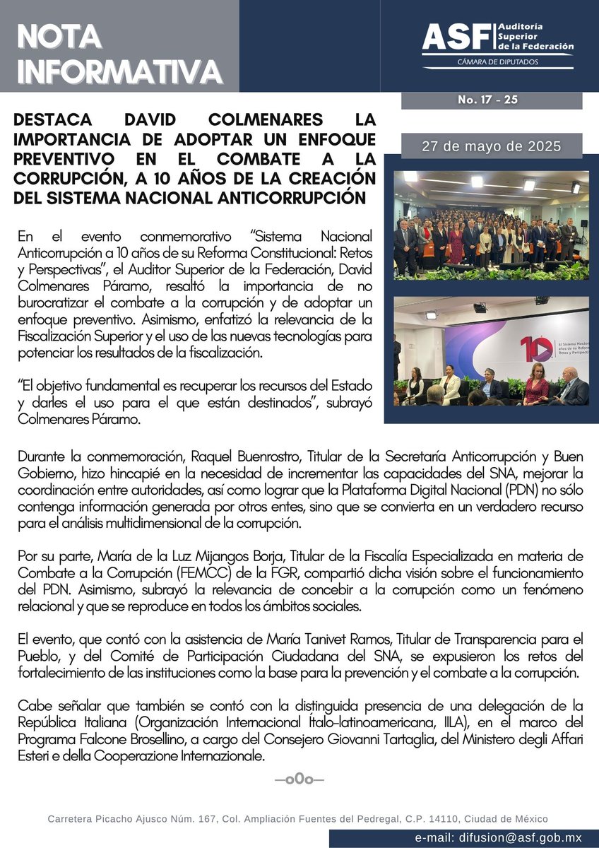 #Comunicado | Destaca David Colmenares la importancia de adoptar un enfoque preventivo en el combate a la corrupción, a 10 años de la creación del Sistema Nacional Anticorrupción #SNA.

🖋️ tinyurl.com/429u2myr