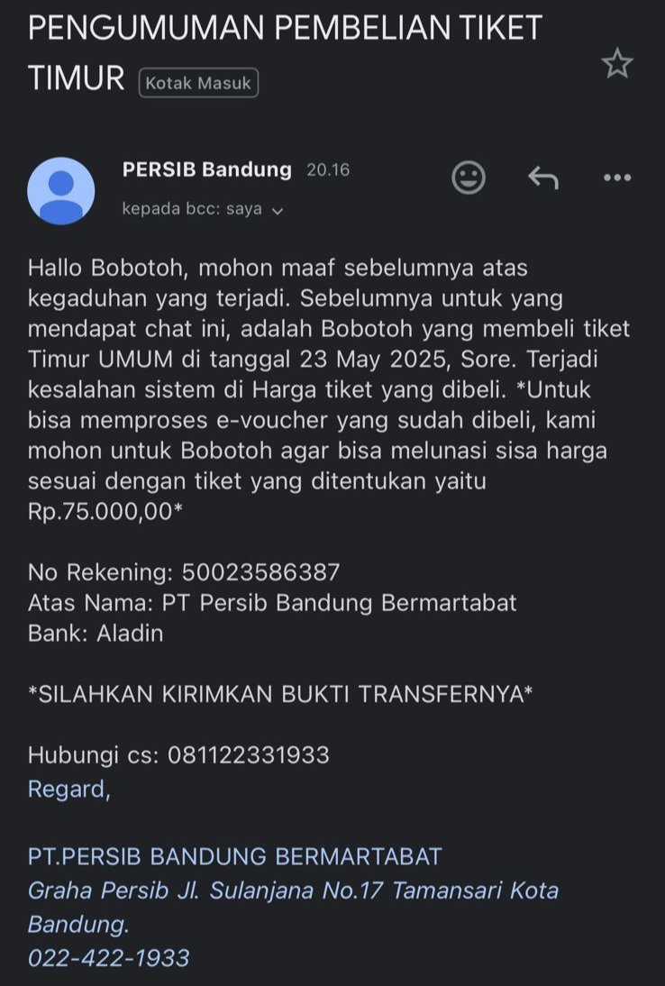 ujangclay's tweet photo. @bayudwiw_ @persib Bukan membela PT atau gimana, bisa jadi yang kirim ke no.rek PT langsung mah casenya sama kaya saya beli kloter 2 harga di Persib apk na 125k teru aya email kieu titah TF kurangna. Jadi meh lebih meyakinkan eta aya ss full na tanpa crop? Tapi mun bener enya kitu mah bangsat euy:( https://t.co/3dwpqKRyXD