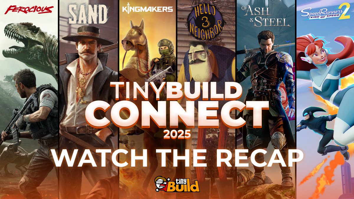 tinyBuild's tweet photo. Missed #tinyBuildConnect2025? Check it out because we unveiled a ton of cool stuff:

🎞️ https://t.co/AunKZT02yN

🗝️ Launched playable Prototype 2 for Hello Neighbor 3
🏠 Revealed Hozy, a cozy home renovation simulator
🦖 Kicked off the playtest for FEROCIOUS, a dino FPS
⚔️ Announced the release date for Kingmakers
