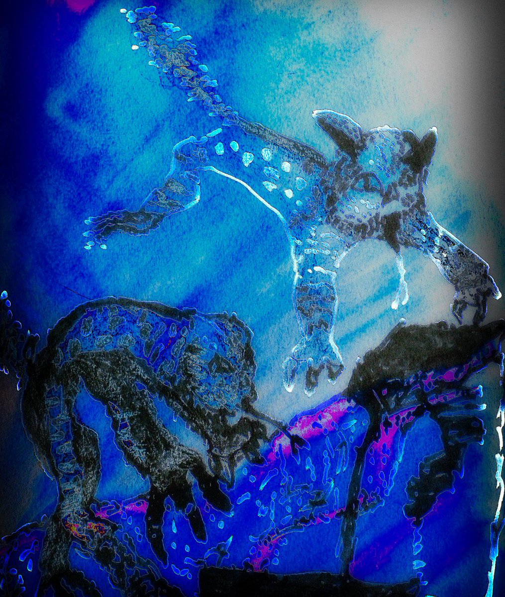 matthendrickart's tweet image. Cosmic felines mid-leap on a distant planet—part cat, part reptile, fully imagined. Watercolor and Sharpie layered with Photoshop to bring this off-world vision to life. I’m not joking when I say I believe cat and reptilian DNA might’ve been fused somewhere out there.