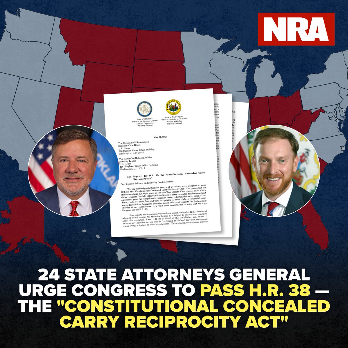 NRA (@nra) on Twitter photo Two dozen state AGs — led by <a href="/Okla_OAG/">Oklahoma Attorney General Gentner Drummond</a> and <a href="/mccuskeyforwv/">JB McCuskey</a> — are encouraging House lawmakers to pass <a href="/RepRichHudson/">Rep. Richard Hudson</a>’s Constitutional Concealed Carry Reciprocity Act. Two dozen state AGs — led by <a href="/Okla_OAG/">Oklahoma Attorney General Gentner Drummond</a> and <a href="/mccuskeyforwv/">JB McCuskey</a> — are encouraging House lawmakers to pass <a href="/RepRichHudson/">Rep. Richard Hudson</a>’s Constitutional Concealed Carry Reciprocity Act.