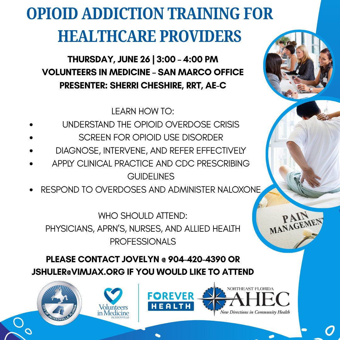 VIMJAX (@vimjaxfl) on Twitter photo ๐ฃ Healthcare providers!
Join us June 26 | 3โ4 PM at VIM Jax (San Marco) for Opioid Addiction Training with Sherri Cheshire, RRT, AE-C.
Learn to screen, refer, & respond to opioid use + naloxone training.
๐ฉ Jovelyn Shuler: jshuler@vimjax.org | ๐ 904-420-4390 ๐ฃ Healthcare providers!
Join us June 26 | 3โ4 PM at VIM Jax (San Marco) for Opioid Addiction Training with Sherri Cheshire, RRT, AE-C.
Learn to screen, refer, & respond to opioid use + naloxone training.
๐ฉ Jovelyn Shuler: jshuler@vimjax.org | ๐ 904-420-4390