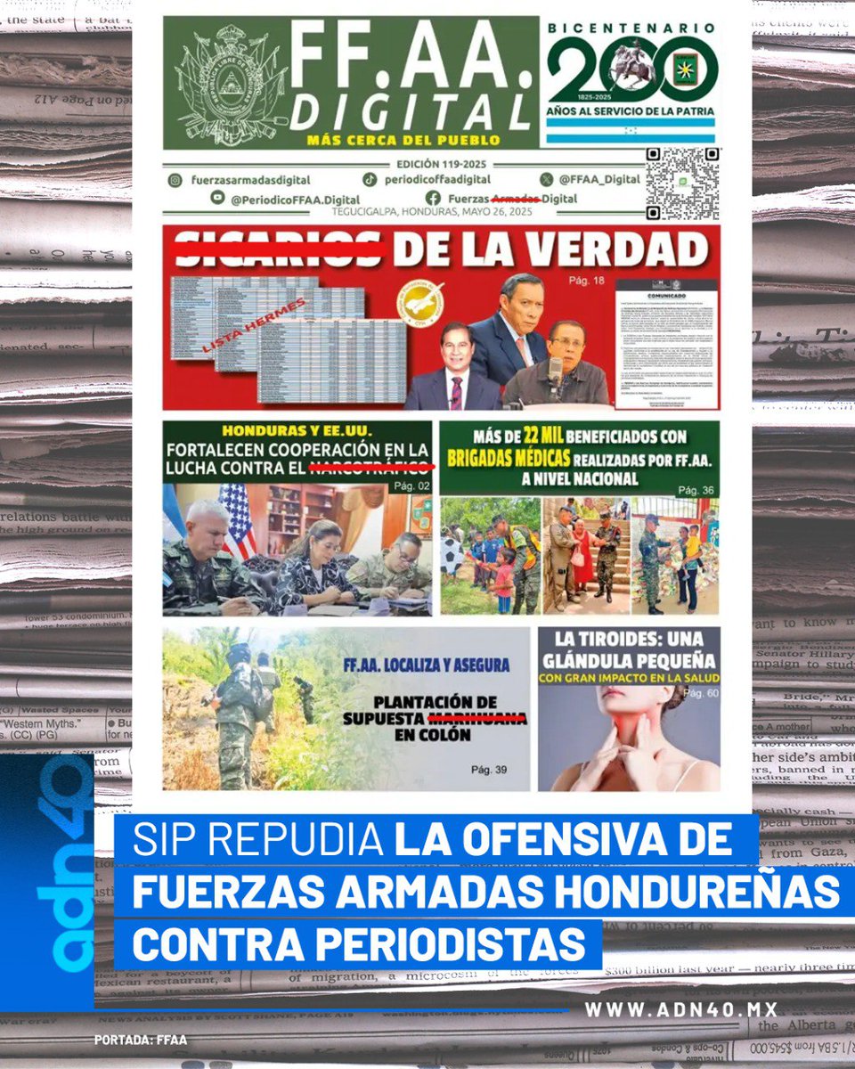 adn40 (@adn40) on Twitter photo 📰La Sociedad Interamericana de Prensa (<a href="/sip_oficial/">SIP • IAPA</a>) condenó la ofensiva contra periodistas y medios independientes en Honduras donde fueron acusados de ser enemigos del Estado⚠️
🔗Sigue los detalles aquí: 👇
adn40.mx/internacional/… 📰La Sociedad Interamericana de Prensa (<a href="/sip_oficial/">SIP • IAPA</a>) condenó la ofensiva contra periodistas y medios independientes en Honduras donde fueron acusados de ser enemigos del Estado⚠️
🔗Sigue los detalles aquí: 👇
adn40.mx/internacional/…
