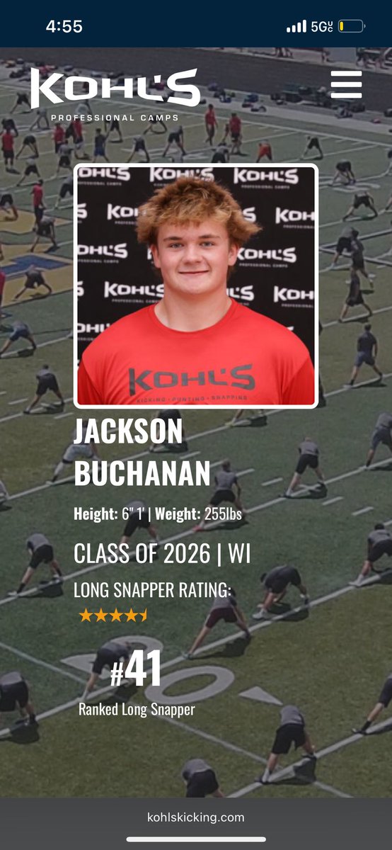 Jackson Buchanan (@jbuchanan_78) on Twitter photo Thankful to be ranked the #41 LS in the US and #2 in WI by <a href="/KohlsSnapping/">Kohl's Snapping Camps</a>
<a href="/Coach_Casper/">Coach Casey Casper</a> <a href="/lgbadgerFB/">Badger Football</a> <a href="/badger2811/">Badger HS Wrestling</a> <a href="/nlbuch59/">NBuchanan59</a> <a href="/NolanOwenLS/">Nolan's Long Snapping</a> <a href="/MJ_NFLDraft/">Mark Johnson</a> Thankful to be ranked the #41 LS in the US and #2 in WI by <a href="/KohlsSnapping/">Kohl's Snapping Camps</a>
<a href="/Coach_Casper/">Coach Casey Casper</a> <a href="/lgbadgerFB/">Badger Football</a> <a href="/badger2811/">Badger HS Wrestling</a> <a href="/nlbuch59/">NBuchanan59</a> <a href="/NolanOwenLS/">Nolan's Long Snapping</a> <a href="/MJ_NFLDraft/">Mark Johnson</a>