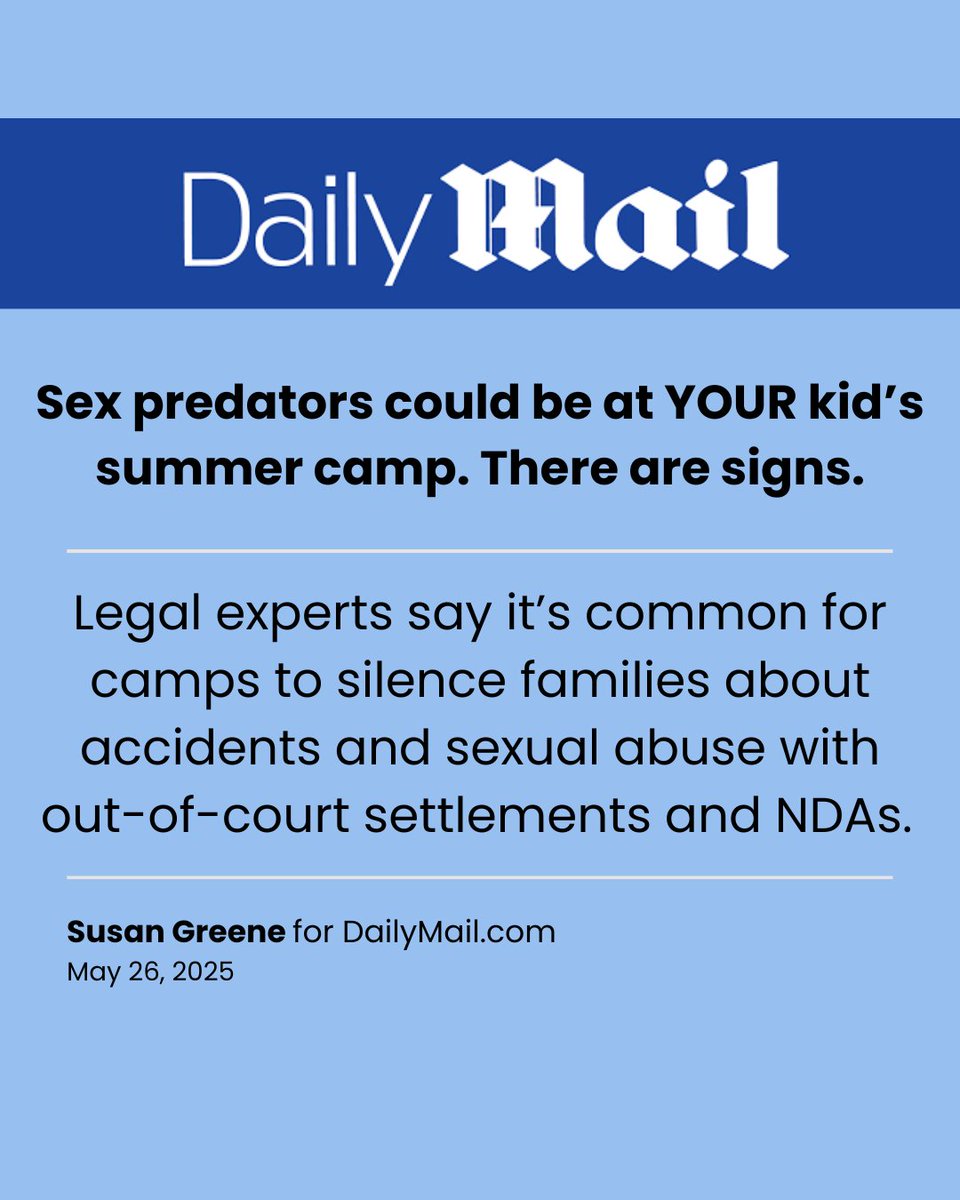 treys_law's tweet photo. Thank you @DailyMail for shining a light on the widespread use of NDAs to silence summer camp victims, and the horrific stories of many camp abuse victims, including Trey’s. #TreysLaw #CampToo #KidsToo https://t.co/40pgzdiigs https://t.co/9M2v3Qtjoh