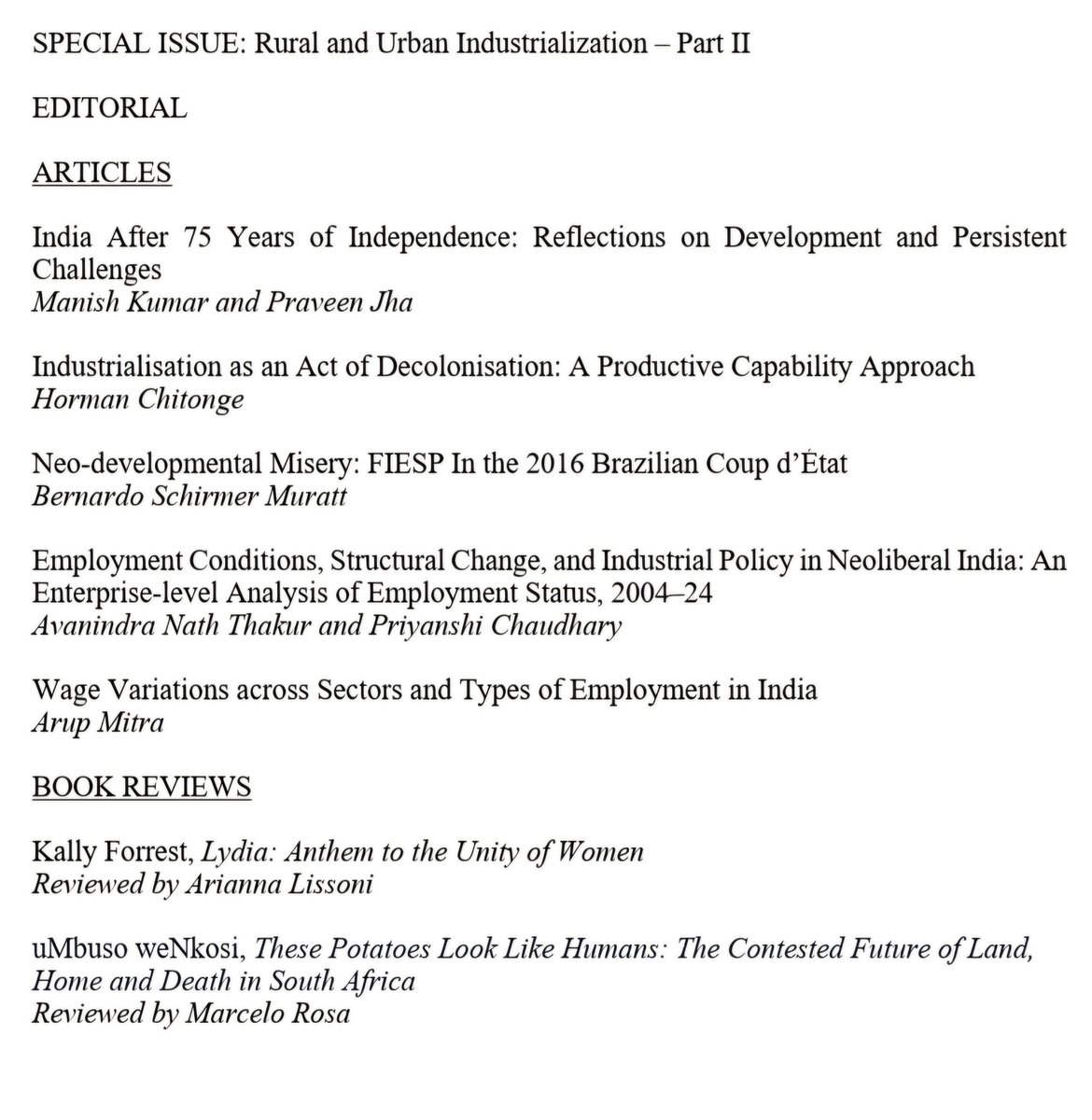 📣 COMING SOON
Agrarian South: Journal of Political Economy, Vol. 14, No. 2
⚡️SPECIAL ISSUE - Part II
Rural and Urban Industrialization