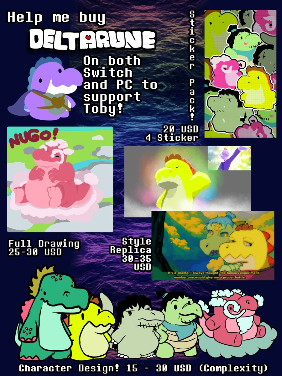 No puedo creer que Deltarune está a solo una semana! Quiero apoyar al Tobias lo máximo posible, por eso abro comms! Hay algunas cosas nuevas que no vendí antes y a un precio más bajo de lo que tenía planeado.
Feliz Deltarune Tomorrow para todos, jajaja.