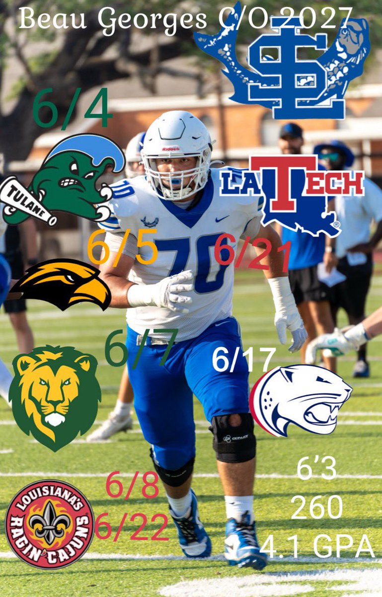 Beau Georges (@beau_georgeol) on Twitter photo Current camp dates heading to the summer. Thank you all coaches for the invites! Im excited to come out and compete. I’m still open to more camp invites. #co2027 #oline
<a href="/michaeldes1/">Michael Desormeaux</a> <a href="/EvanMckissack/">Evan Mckissack</a> <a href="/coachtufbpd/">CoachTUFBPD</a> <a href="/CoachSamGregg/">Sam Gregg</a> <a href="/amburkett64/">Andrew Burkett</a> <a href="/CoachCadeUL/">Cade Minton</a> <a href="/cgoog22/">Collin Guggenheim</a> <a href="/CoachSFarmer/">Coach Steve Farmer</a> Current camp dates heading to the summer. Thank you all coaches for the invites! Im excited to come out and compete. I’m still open to more camp invites. #co2027 #oline
<a href="/michaeldes1/">Michael Desormeaux</a> <a href="/EvanMckissack/">Evan Mckissack</a> <a href="/coachtufbpd/">CoachTUFBPD</a> <a href="/CoachSamGregg/">Sam Gregg</a> <a href="/amburkett64/">Andrew Burkett</a> <a href="/CoachCadeUL/">Cade Minton</a> <a href="/cgoog22/">Collin Guggenheim</a> <a href="/CoachSFarmer/">Coach Steve Farmer</a>