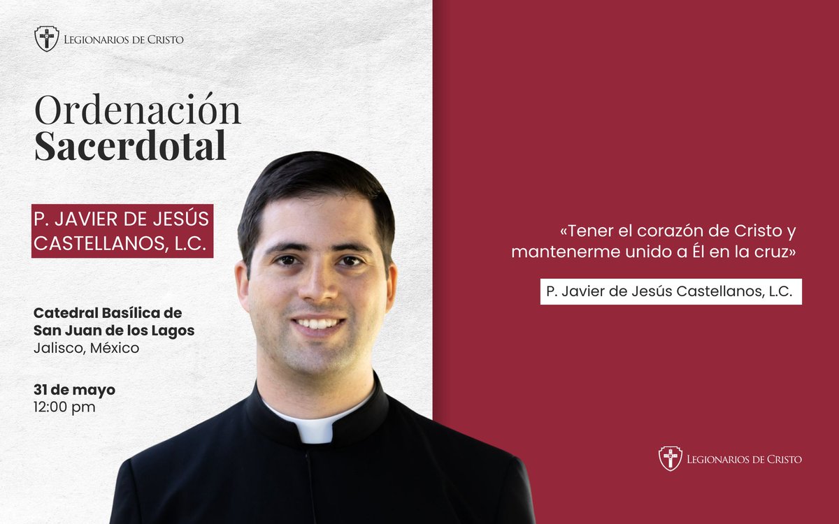 Este sábado 31 de mayo, el diácono Javier de Jesús Castellanos, L.C., se ordenará sacerdote en Jalisco, su estado natal.

Su asignación apostólica es en Bogotá, Colombia, donde estará apoyando al Colegio, al ECYD y a los jóvenes.

Lo encomendamos en su vocación y en su misión.