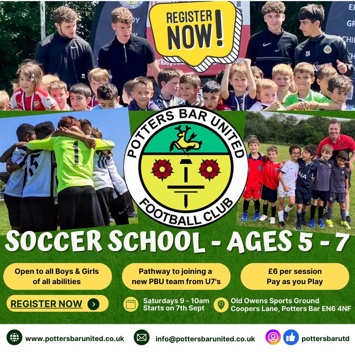 Soccer School registration is now open for the new season 2025/26
 
Join us at PBU Soccer School! ⚽️🔥 This provides a pathway to our u7 teams when the players reach Year 2

For all children aged 5-7 

DM for more details or email us at info@pottersbarunited.co.uk