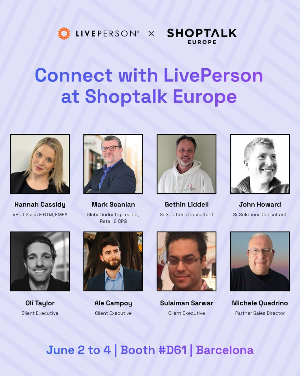 Next week: the LivePerson team will be in attendance at @Shoptalk Europe from June 2 to 4. 🗓️

Stop by Booth D61 to connect with our team and find out how conversational AI solutions can give you the upper hand in commerce and care. 

See you soon, Barcelona! 👋

#ShopTalkEU