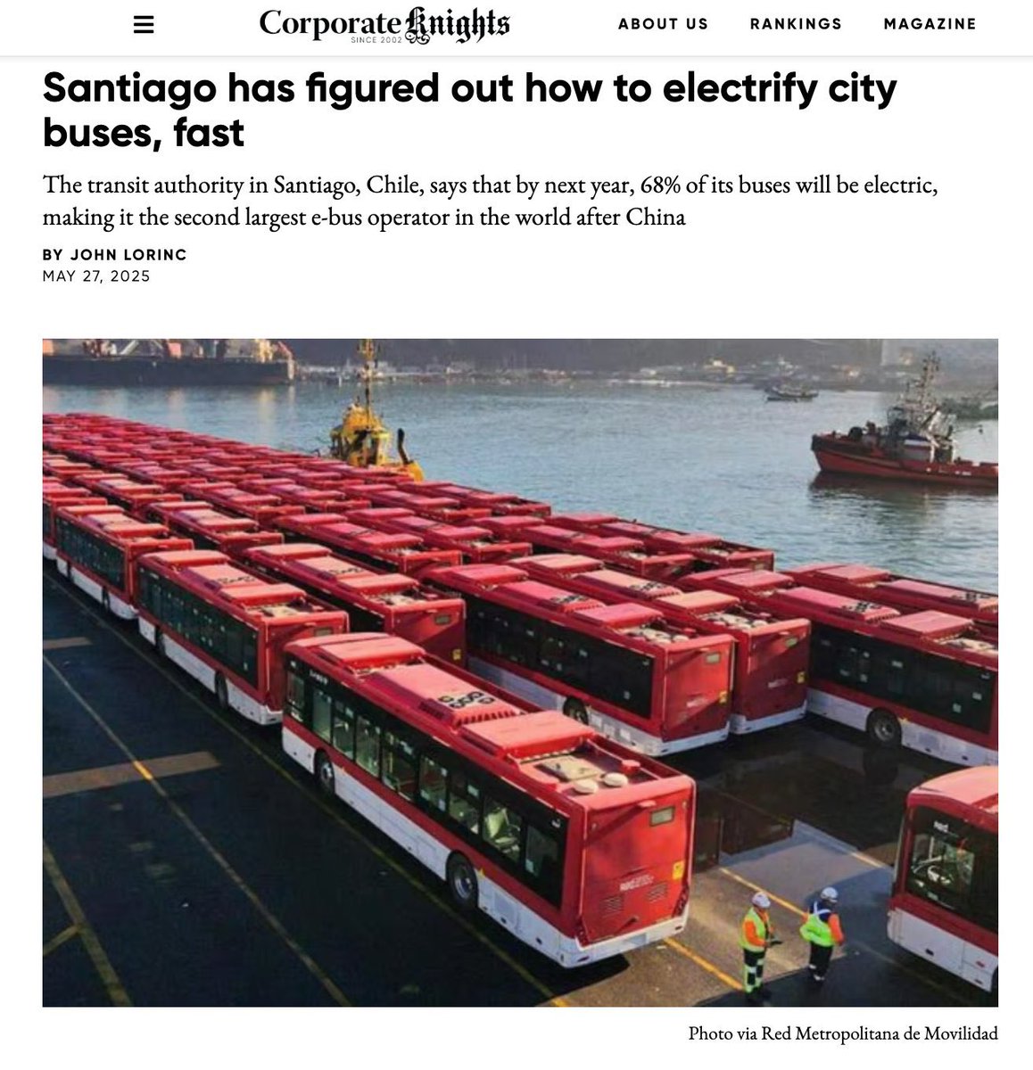 Como señala esta nota, y sólo para que hagan una idea: Toronto tiene 400 buses eléctricos, NY tiene 500, mientras que Santiago ya cuenta más de 2550.
Qué emoción ver cómo Chile es reconocido internacionalmente por sus avances. Sintámonos orgullosos de estas políticas de Estado🇨🇱