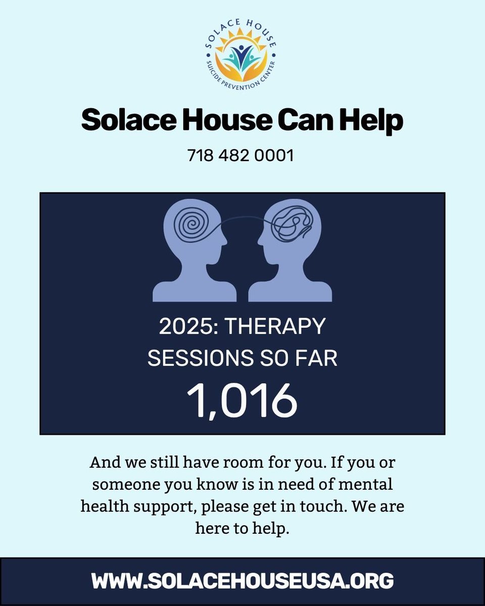 ✨1,016 therapy sessions ✨

We are barrier-free and just a call away. If you or someone you know is in need of mental health support, call our number at 718 482 0001, and let us help. 

#SolaceHouseUsa #MentalHealthMatters #YouAreNotAlone #BarrierFreeSupport #SuicidePrevention