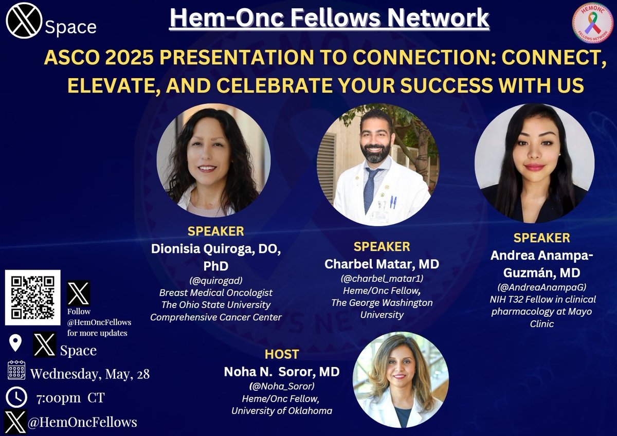 Hem-Onc Fellows Network (@hemoncfellows) on Twitter photo ✍️Mark your calendar for our next upcoming space‼️
ASCO 2025 Presentation to Connection: Connect, Elevate, and Celebrate Your Success with Us❗️
🌟Speakers: <a href="/quirogad/">Dionisia Quiroga, DO, PhD, FASCO</a>, <a href="/Charbel_matar1/">Charbel Matar</a> and <a href="/AndreaAnampaG/">Andrea Anampa-Guzmán (she/ella)</a>
Host: <a href="/Noha_Soror/">Noha N. Soror, MD, MSc. 𓂀</a>
📆 Wednesday, 28th May 2025
⏰ 7 pm CT ✍️Mark your calendar for our next upcoming space‼️
ASCO 2025 Presentation to Connection: Connect, Elevate, and Celebrate Your Success with Us❗️
🌟Speakers: <a href="/quirogad/">Dionisia Quiroga, DO, PhD, FASCO</a>, <a href="/Charbel_matar1/">Charbel Matar</a> and <a href="/AndreaAnampaG/">Andrea Anampa-Guzmán (she/ella)</a>
Host: <a href="/Noha_Soror/">Noha N. Soror, MD, MSc. 𓂀</a>
📆 Wednesday, 28th May 2025
⏰ 7 pm CT