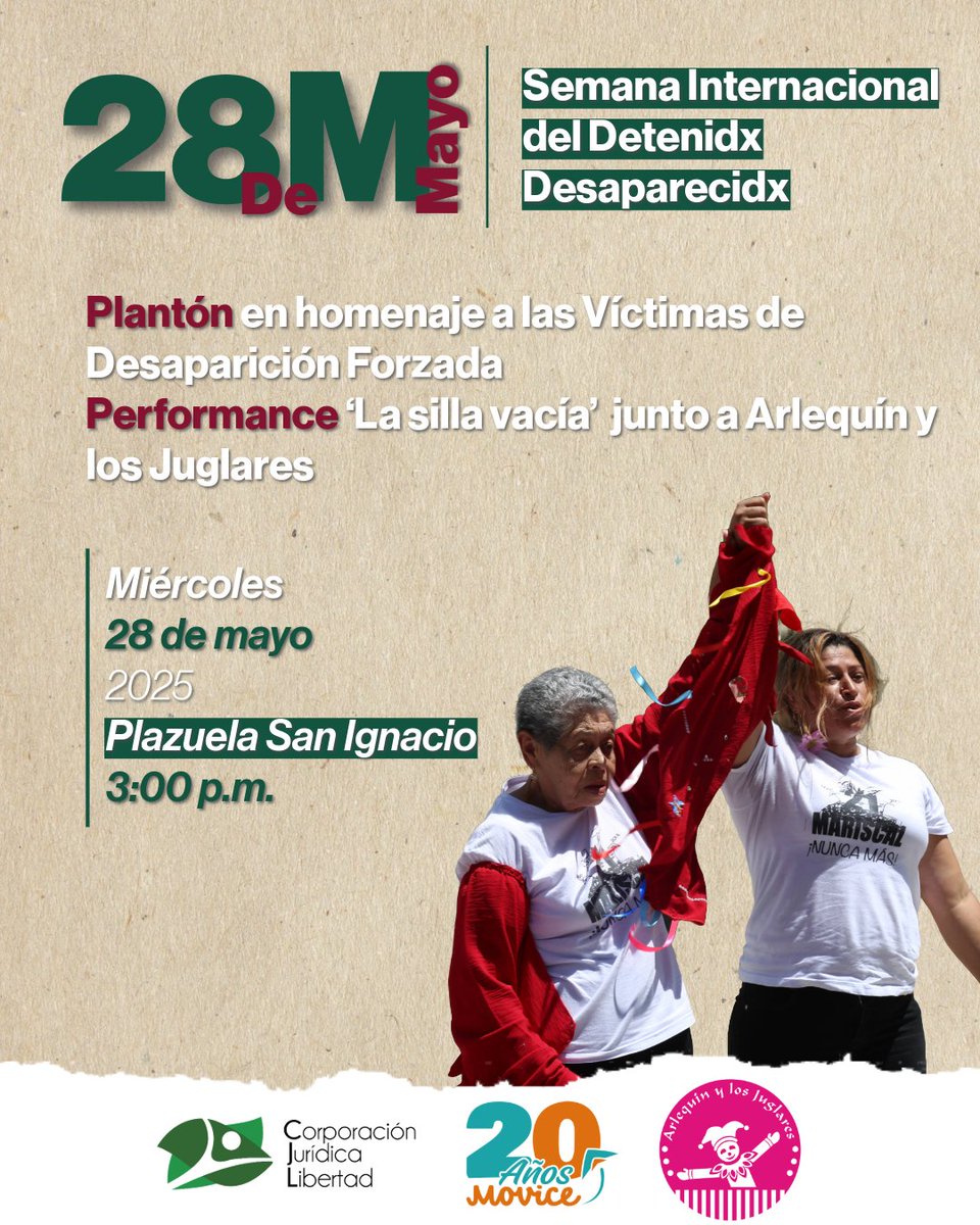 cjlibertad's tweet photo. #SemanaDelDetenidxDesaparecidx
🕯️ Plantón en homenaje a las Víctimas de Desaparición Forzada.

🗓️ 28 de mayo | 🕒 3:00 p.m.
📍 Plazuela San Ignacio, Medellín
🎭 Performance La silla vacía, con acompañamiento de Arlequín y los Juglares.

#DesapariciónForzada #MemoriaViva https://t.co/jbPjDT9qcO