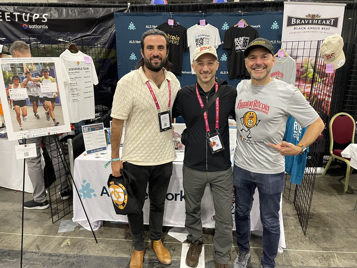Thank you (l to r) <a href="/thebitcoinyogi/">Jon Gordon</a>, <a href="/MarcusConnorNH/">Marcus Connor</a> (our logo creator!) and Richard Taylor of <a href="/BitcoinRunners/">Bitcoin Runners ⚡️₿🏃‍♀️🏃🏽‍♂️🌋</a> for your impactful volunteer service benefiting <a href="/youralsnetwork/">ALS Network</a> and #ALS Awareness. We’re running at the <a href="/TheBitcoinConf/">The Bitcoin Conference</a>!