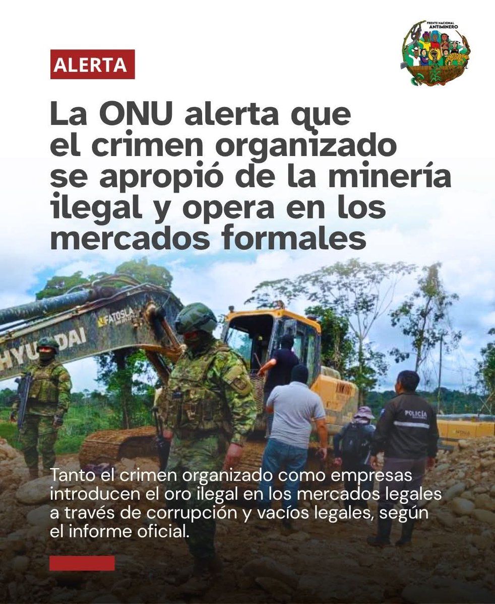 🔴 #ALERTA | El informe del Programa Global sobre Crímenes Ambientales de la Organización de las Naciones Unidas (ONU), revela que bandas criminales controlan zonas de extracción de oro en Ecuador, mezclando operaciones ilegales con cadenas de suministro legales.