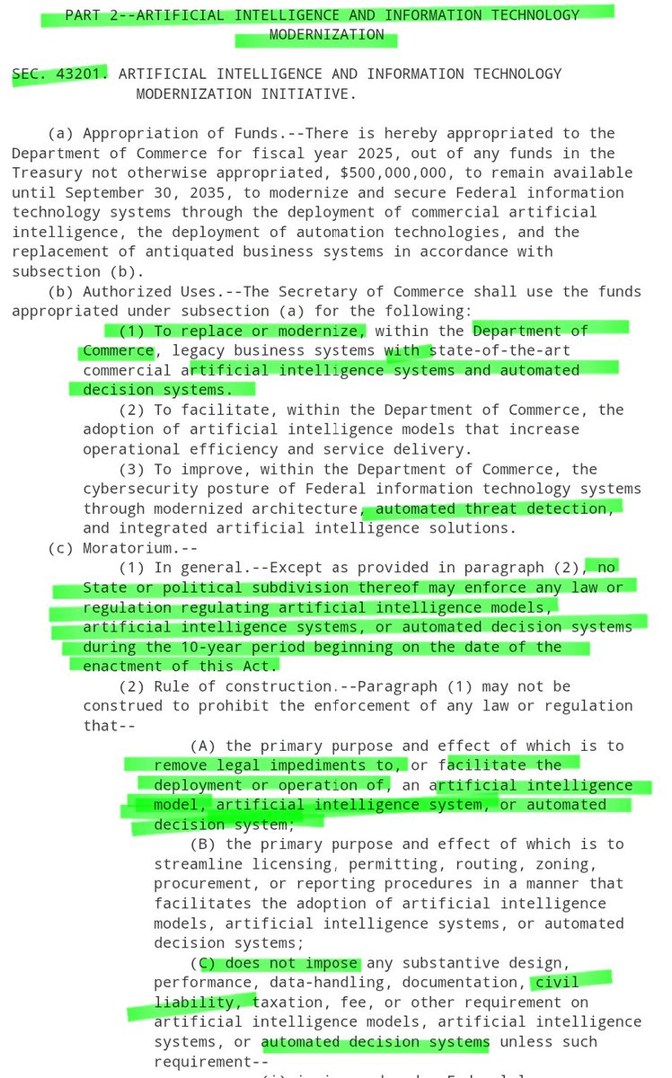 🚨WHAT THE ACTUAL FVCK🚨
This "big and beautiful bill" is probably the most terrifying legislation I've ever read

No state or political subdivision may enforce ANY law regulating AI, or AI AUTOMATED THREAT DETECTION for 10 YEARS

...and it holds no liability for anything it does