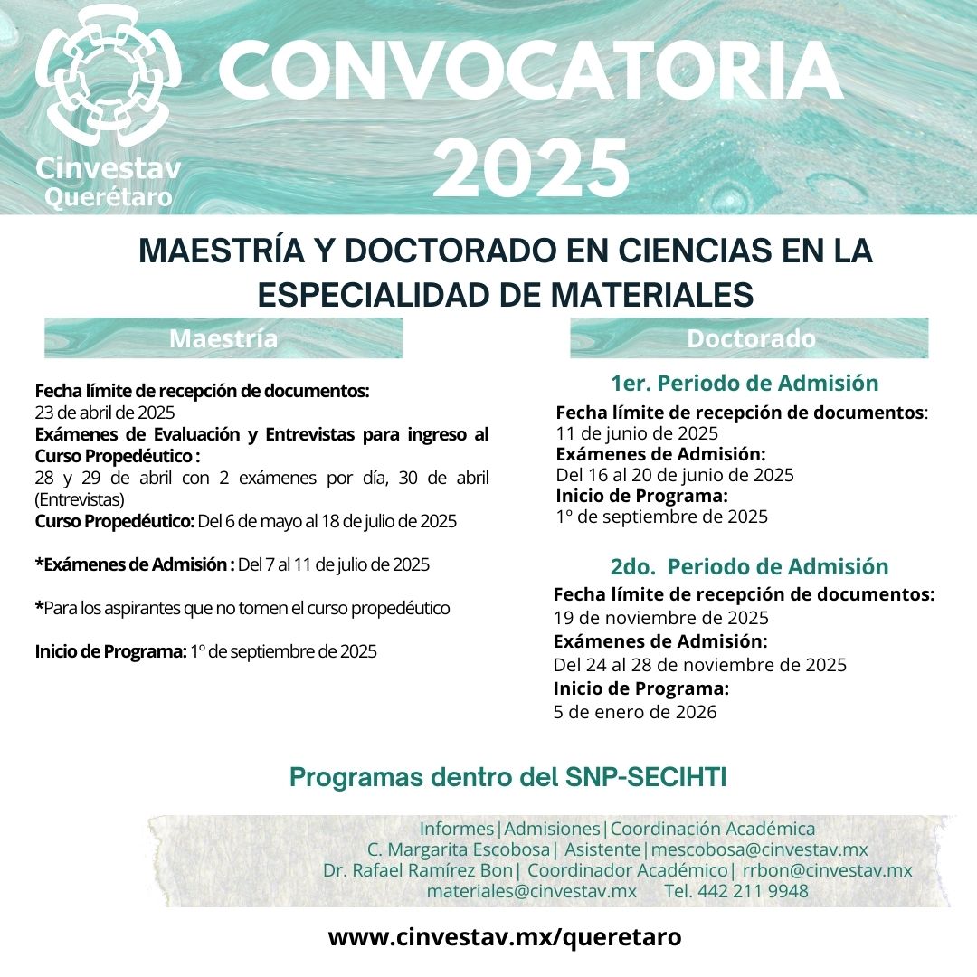 Cinvestav (@cinvestav) on Twitter photo El Posgrado en Materiales es para quienes buscan ampliar su formación en la Ciencia de Materiales, contribuyendo al desarrollo de Investigaciones y Tecnologías Innovadoras.
📍Cinvestav Querétaro
🗓️11 jun - Doctorado
🔗cinvestav.mx/queretaro
📨materiales@cinvestav.mx El Posgrado en Materiales es para quienes buscan ampliar su formación en la Ciencia de Materiales, contribuyendo al desarrollo de Investigaciones y Tecnologías Innovadoras.
📍Cinvestav Querétaro
🗓️11 jun - Doctorado
🔗cinvestav.mx/queretaro
📨materiales@cinvestav.mx
