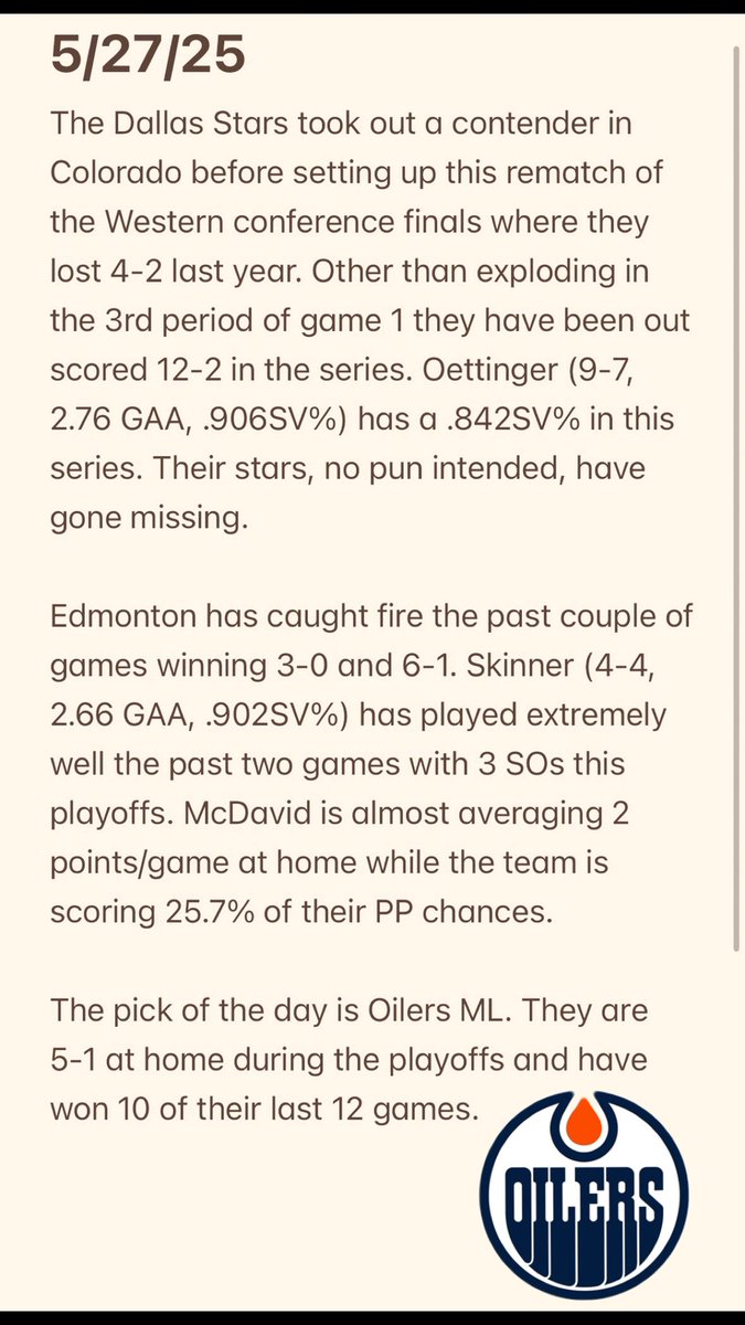 pick_of_day's tweet photo. Pick of the day: Oilers ML #Oilers #NHLPlayoffs https://t.co/Tqt5cx6K3I