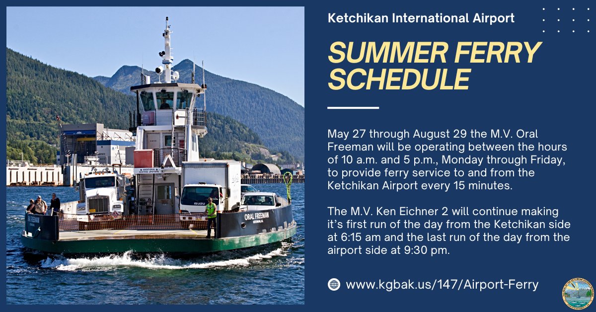 🚢 Summer Ferry Schedule Update! 🚢

6:15 a.m. to 10:00 a.m. - One ferry every 30 minutes from each side, starting on the Ketchikan side.

10:00 a.m. to 5:00 p.m. - One ferry every 15 minutes from both sides.

5:00 p.m. to 9:30 p.m. - One ferry every 30 minutes from each side.
