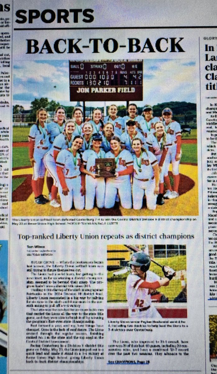 Thomas Wilson (@twil2323) on Twitter photo Today’s Eagle-Gazette sports page highlighting Liberty Union softball winning back-to-back district championships. <a href="/LULions/">Liberty Union Lions</a> <a href="/LUSOFTBALL1/">Liberty Union Softball</a> Today’s Eagle-Gazette sports page highlighting Liberty Union softball winning back-to-back district championships. <a href="/LULions/">Liberty Union Lions</a> <a href="/LUSOFTBALL1/">Liberty Union Softball</a>