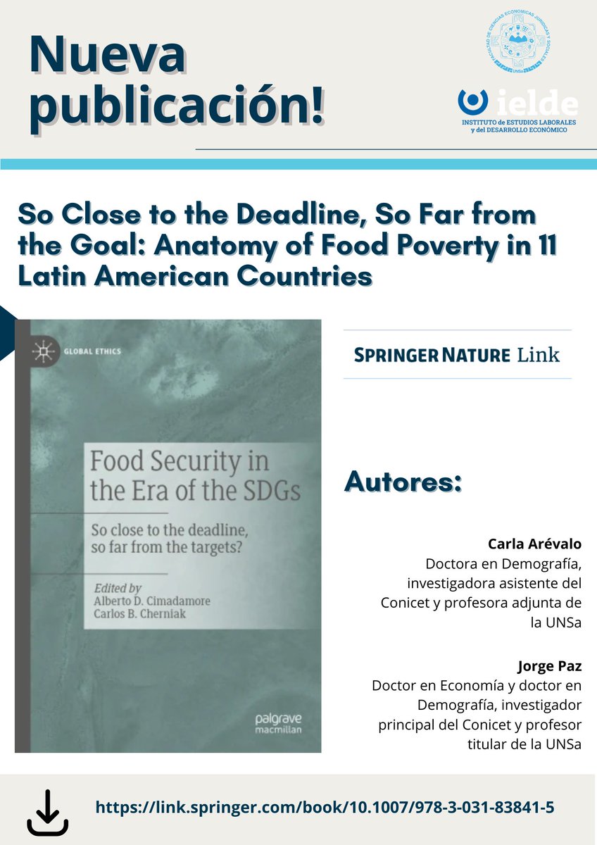#NuevaPublicación 📖

Capítulo de libro: So Close to the Deadline, So Far from the Goal: Anatomy of Food Poverty in 11 Latin American Countries, por Carla Arévalo y Jorge Paz, publicado por Springer Nature

#FoodSecurity #SeguridadAlimentaria

link.springer.com/book/10.1007/9…
