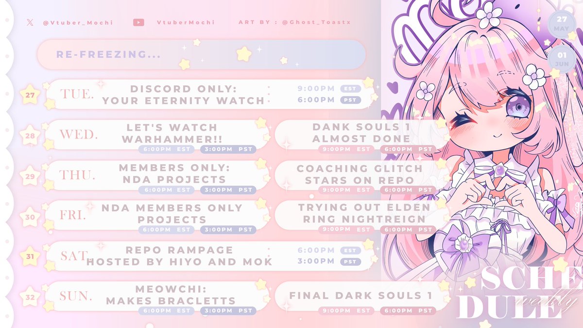 MOCHI 💖🧊【GLITCH☆STARS】 (@vtuber_mochi) on Twitter photo ⭐️SCHEDULE FOR THE WEEK⭐️
I MISS YOU ICE CUBES !! I’M SUPER EXCITED FOR THIS WEEK I’LL BE HOSTING MY FIRST EVER EVENT ALONGSIDE WITH <a href="/hiyorimokami/">Hiyori Mokami 桃神日和 🌾🎵</a> !!! REPO RAMPAGE !!
WE’RE ALSO GONNA WRAP UP DANK SOULS 1 AND THEN TRY OUT NIGHTREIGN FOR THE FIRST TIME !! See you then :3 ⭐️SCHEDULE FOR THE WEEK⭐️
I MISS YOU ICE CUBES !! I’M SUPER EXCITED FOR THIS WEEK I’LL BE HOSTING MY FIRST EVER EVENT ALONGSIDE WITH <a href="/hiyorimokami/">Hiyori Mokami 桃神日和 🌾🎵</a> !!! REPO RAMPAGE !!
WE’RE ALSO GONNA WRAP UP DANK SOULS 1 AND THEN TRY OUT NIGHTREIGN FOR THE FIRST TIME !! See you then :3
