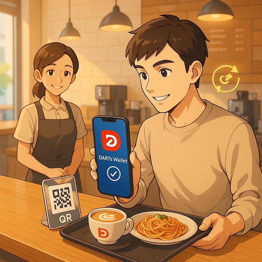 QRをピッと読み取るだけで、DART’s Walletでお会計完了☕🍝

現地通貨に自動換算＆ガス代ゼロで、ストレスフリー！

#DARTsWallet #QR決済 #ガス代ゼロ #Web3