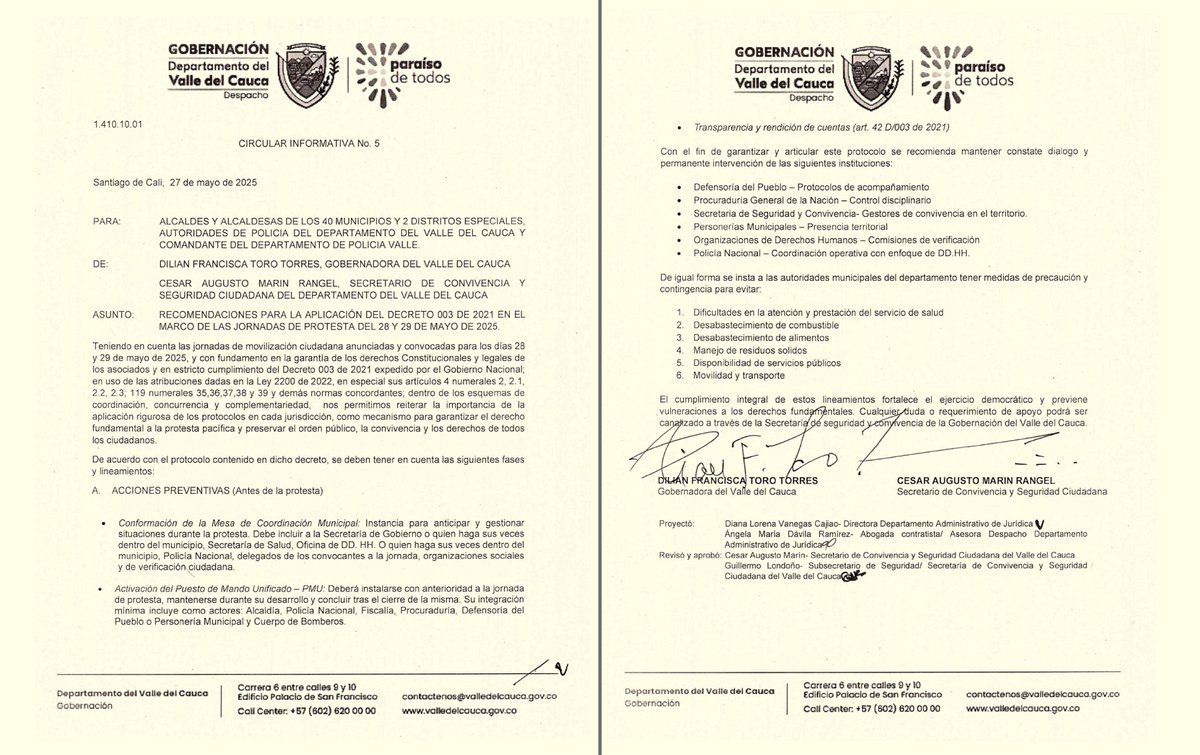 Seguimos trabajando para cumplir con garantizar el derecho ciudadano a manifestarse libremente pero pacíficamente; es decir, garantizando también la tranquilidad, movilidad y seguridad de todos los demás ciudadanos.

Para ello, he expedido la circular informativa No. 5 destinada
