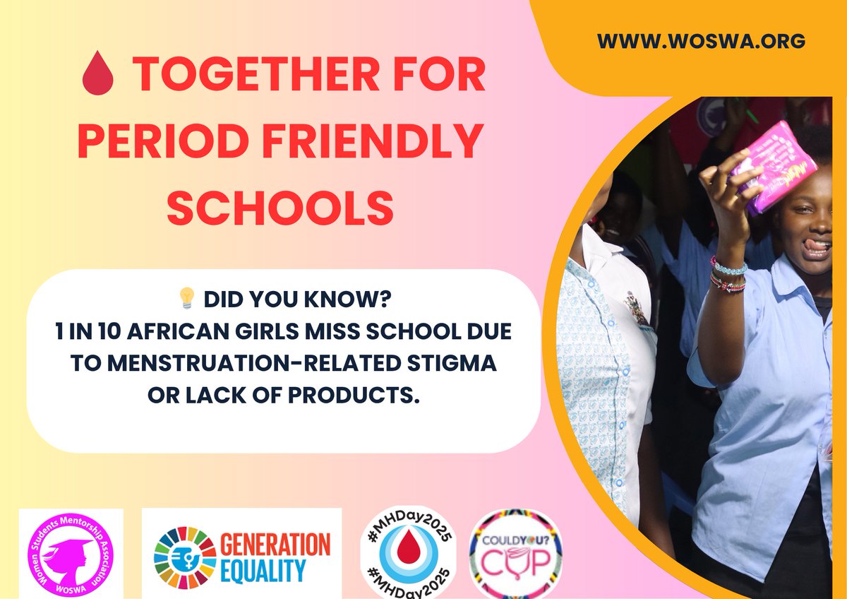 WOSWA (@woswa_org) on Twitter photo Did you know?
1 in 10 African girls miss school due to menstruation related stigma or lack of products.
#TogetherforPeriodFriendlyWorld
#TogetherforPeriodFriendlySchools
#MHDay2025
<a href="/CouldyouCup/">CouldYou? Cup</a> <a href="/EqualGen/">GenerationEquality</a> <a href="/NGAAF_KE/">National Government Affirmative Action Fund</a> <a href="/GROOTSKenya/">GROOTS Kenya</a> <a href="/FemnetProg/">FEMNET</a> <a href="/AkiliDada/">Akili Dada</a> <a href="/unwomenkenya/">UN Women Kenya</a> <a href="/aasu_72/">All-Africa Students Union</a> Did you know?
1 in 10 African girls miss school due to menstruation related stigma or lack of products.
#TogetherforPeriodFriendlyWorld
#TogetherforPeriodFriendlySchools
#MHDay2025
<a href="/CouldyouCup/">CouldYou? Cup</a> <a href="/EqualGen/">GenerationEquality</a> <a href="/NGAAF_KE/">National Government Affirmative Action Fund</a> <a href="/GROOTSKenya/">GROOTS Kenya</a> <a href="/FemnetProg/">FEMNET</a> <a href="/AkiliDada/">Akili Dada</a> <a href="/unwomenkenya/">UN Women Kenya</a> <a href="/aasu_72/">All-Africa Students Union</a>